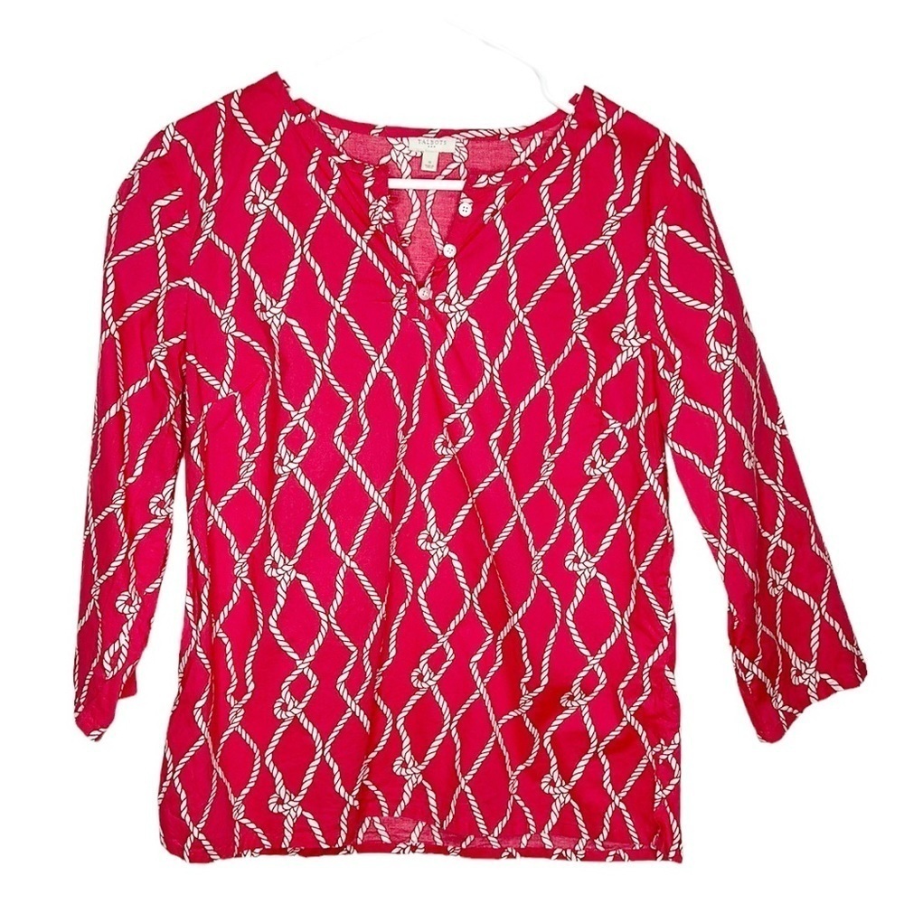 Talbots Popover Pink Cotton‎ Blouse Rope Design 3/4 Sleeve Lightweight